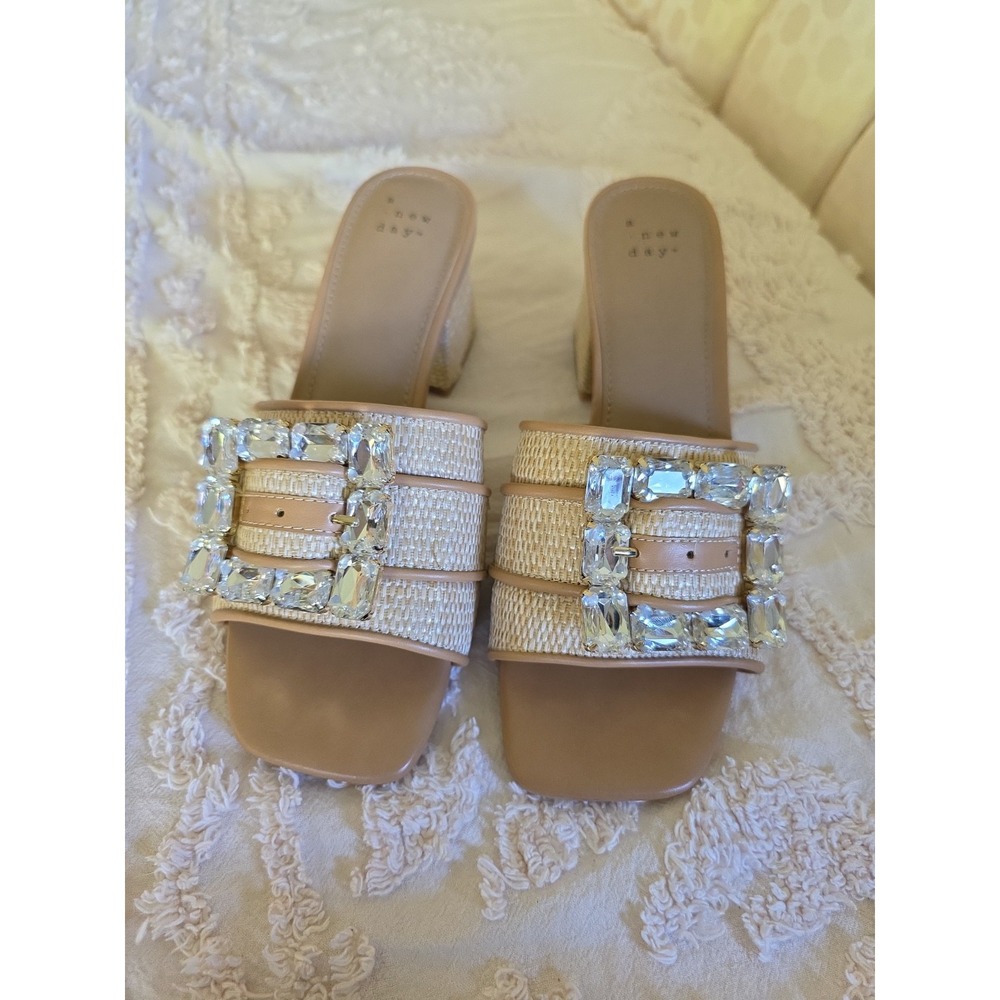 A New Day Slide Sandals Womens Size _7 Nude Raffia Rhinestone Buckle Block Heel